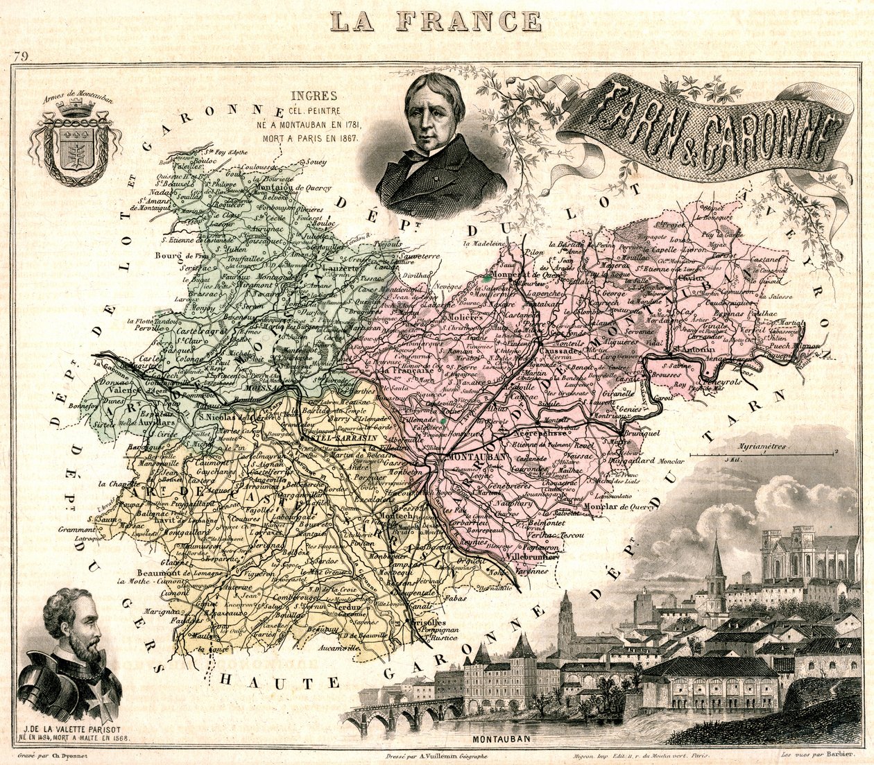 Kart over Tarn-et-Garonne med utsikt over Montauban og portretter av Ingres og Jean Parisot de La Valette (farge litho) av French School