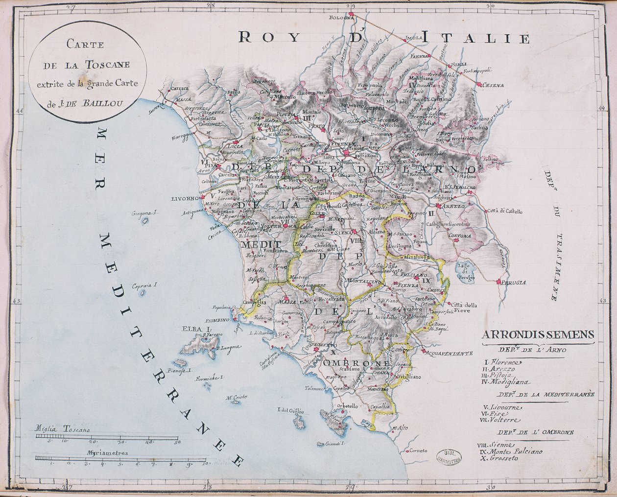 Kart over Toscana, detalj av det store kartet over J. de Baillou (blyant, blekk og akvarell på papir) av French School