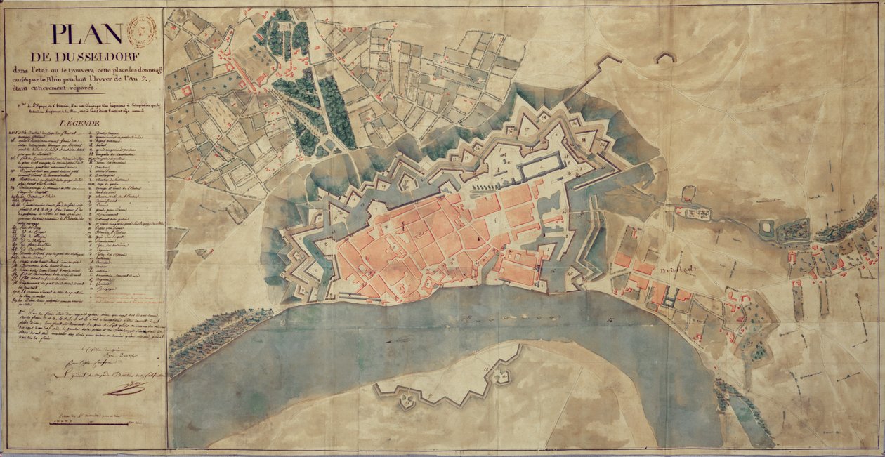 Kart over skader forårsaket av Rhinen, Düsseldorf, 1799 av French School