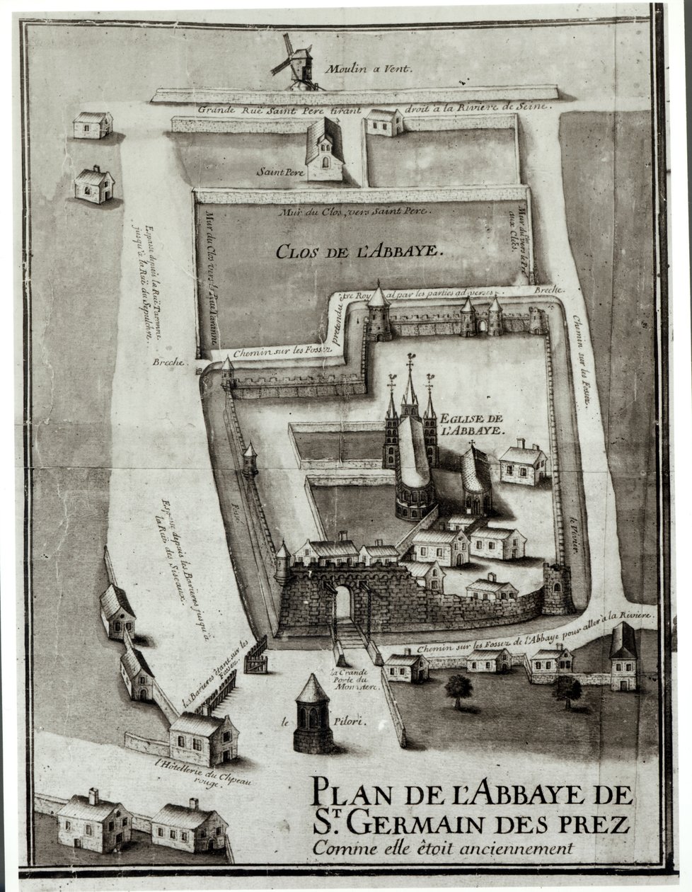 Kart over klosteret Saint-Germain-des-Pres, 1713 (blekk og gouache på papir) av French School