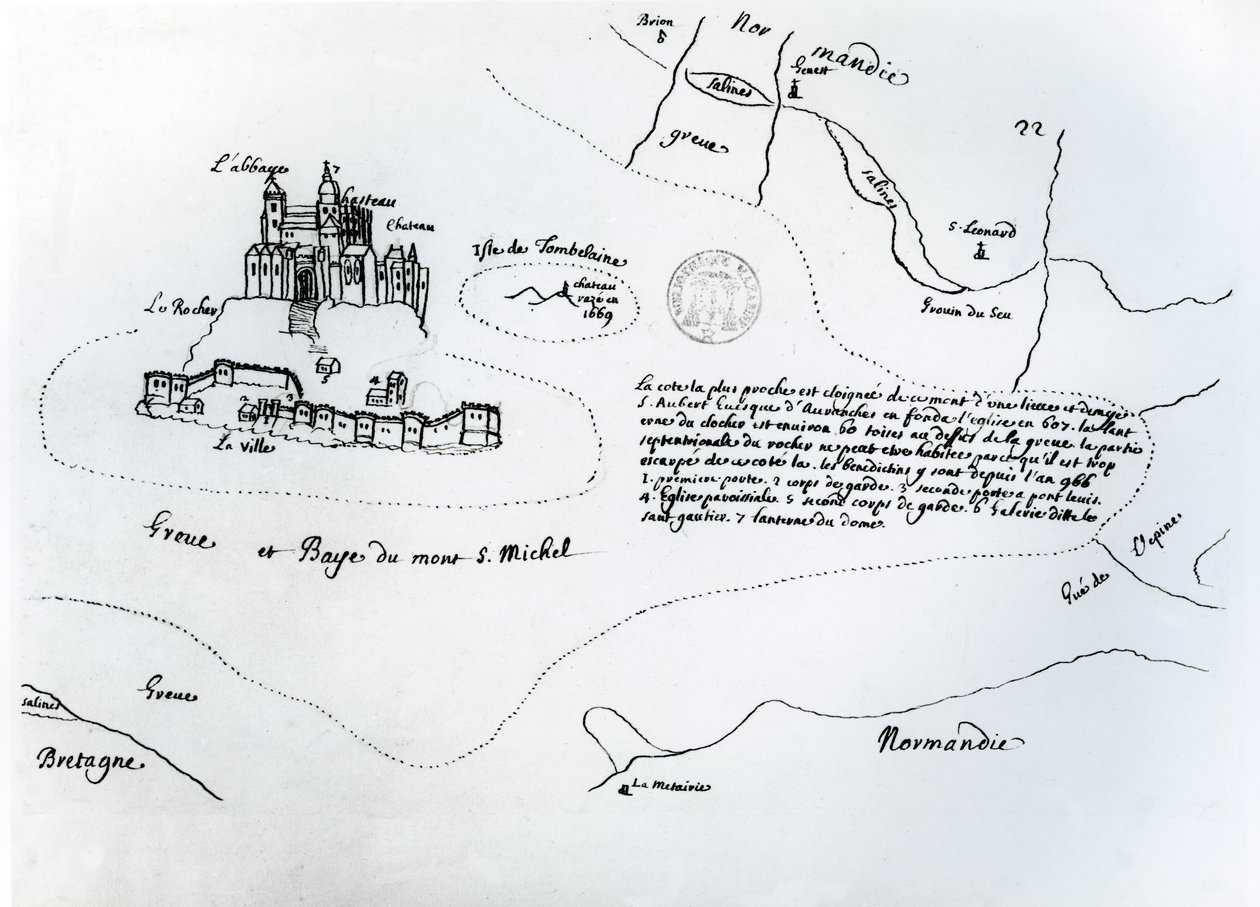 Kart over Mont Saint-Michel-bukten (penn og blekk på papir) av French School