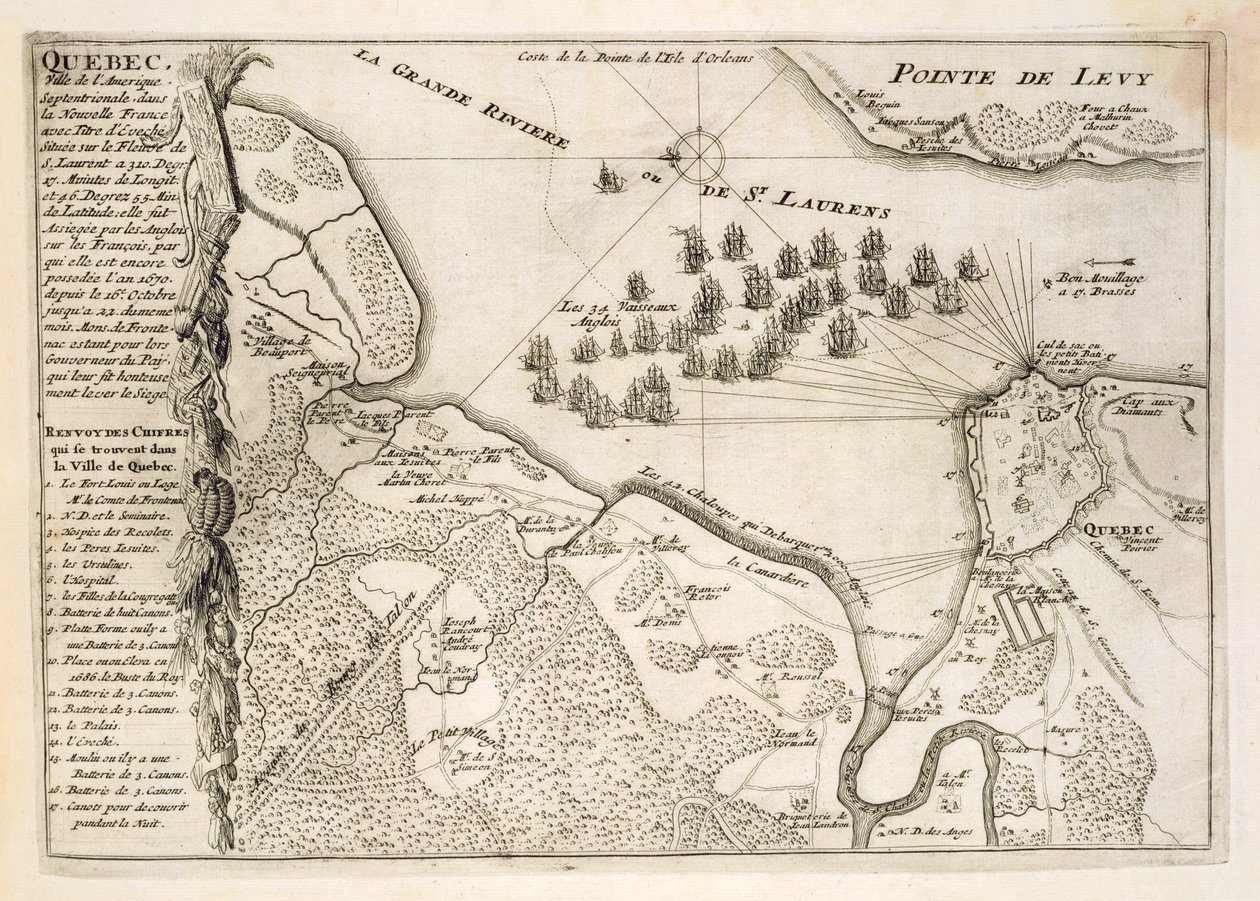 Kart over beleiringen av Quebec av den britiske flåten, 1670 av French School