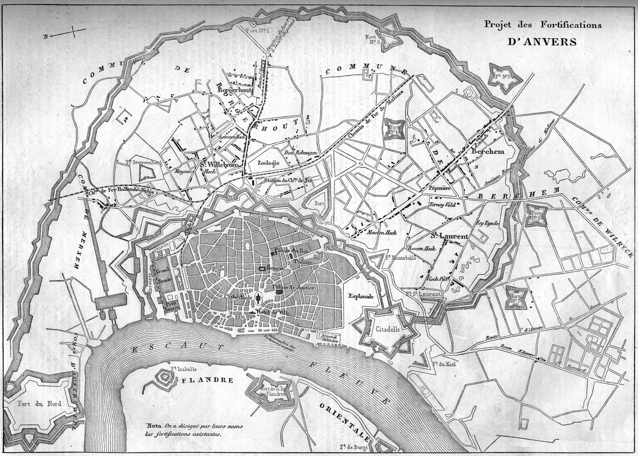 Kart over byen Antwerpen (Belgia) i 1859; som representerer prosjektet til de nye festningsverkene. Gravering i "" Le Monde Illustré"" nr. 128 av 24. september av French School