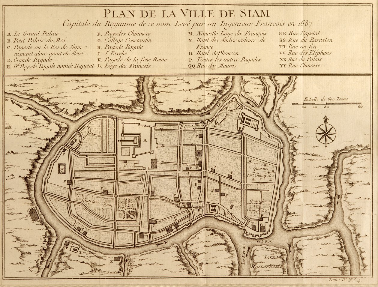 Kart over byen Siam, hovedstaden i kongeriket med det navnet etter en undersøkelse utført av en fransk ingeniør i 1687, publisert i 1751-utgaven av Histoire Generale des Voyages av Antoine Prevost av French School