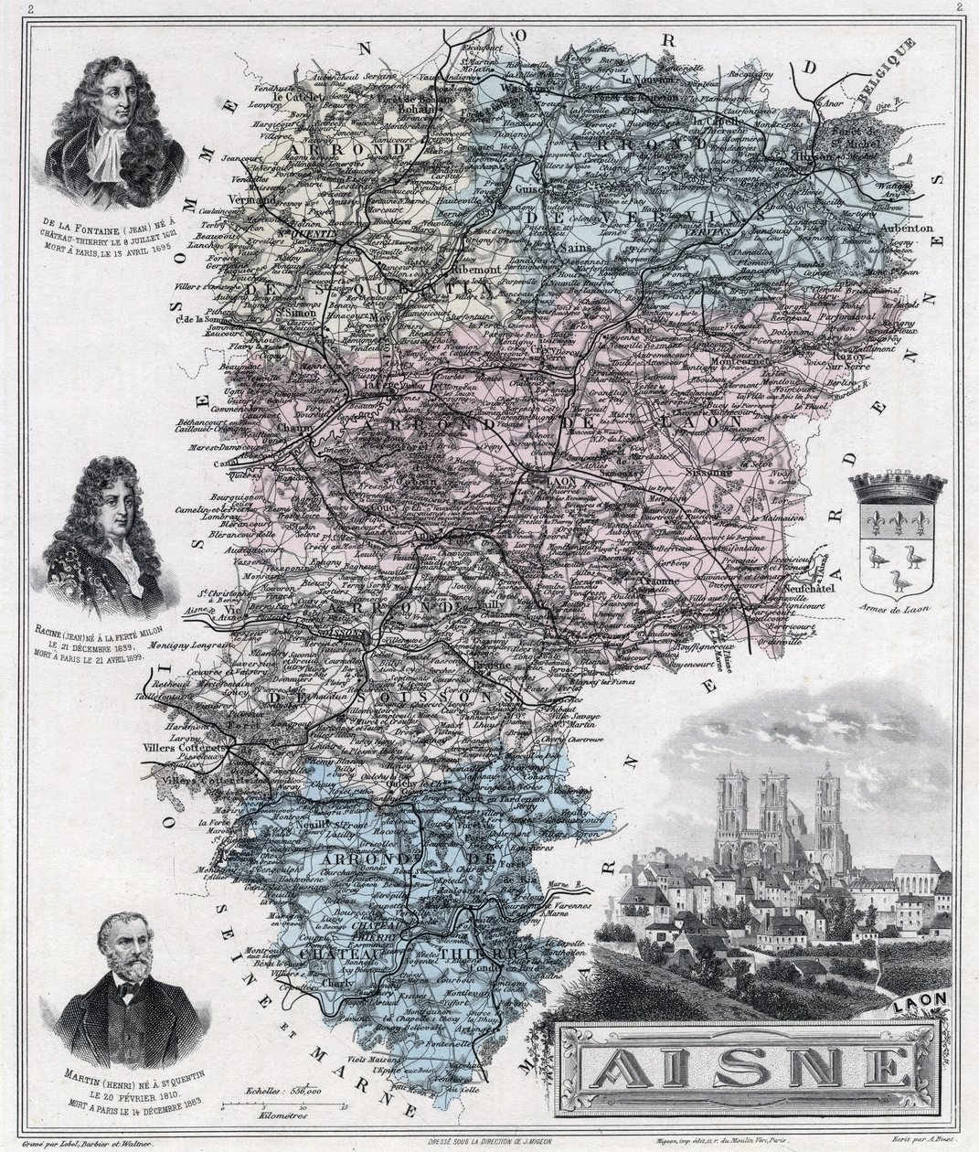 Kart over departementet Aisne (gravering 1889) av French School