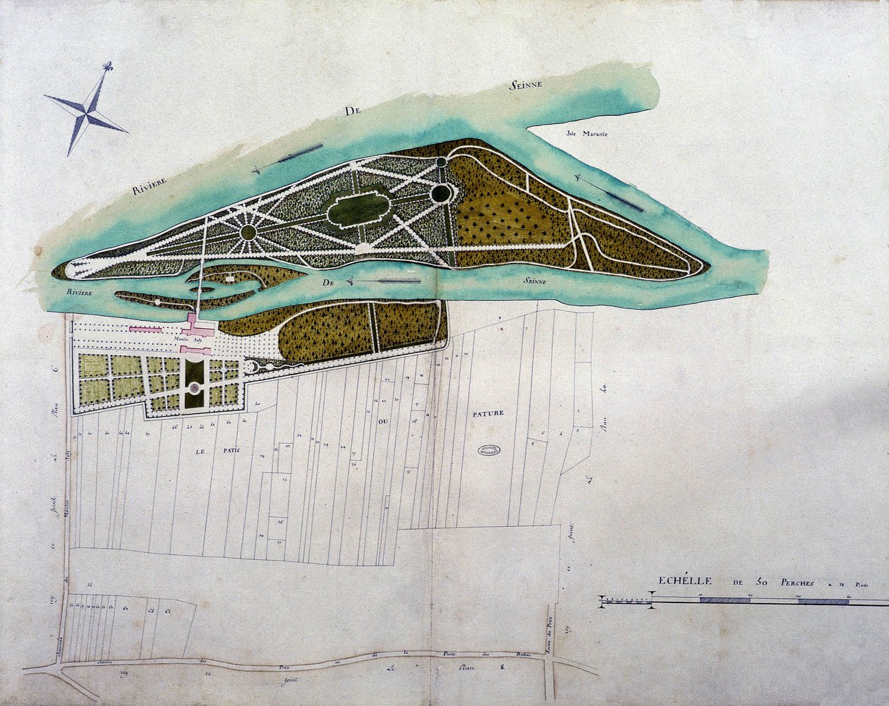 Kart over hagen til Moulin Joly. Plate med atlas over planer for territoriet til Colombes (1780), bevart i nasjonalarkivet. av French School