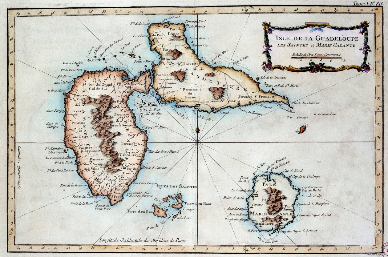 Kart over øya Martinique, øya Saintes og øya Marie Galante i Vestindia. Gravering av Chartres fra 1800-tallet, Musee des Beaux Arts av French School