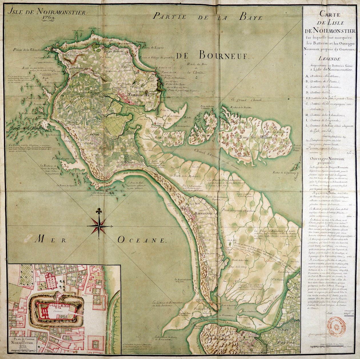 Kart over øya Noirmoutier ledsaget av et kart over slottet, laget i 1769. av French School