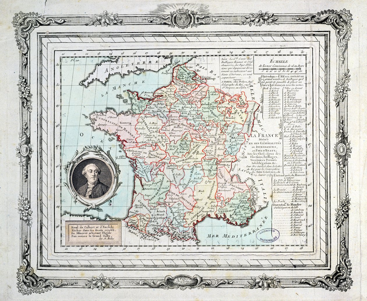 Kart over regionene og distriktene i Frankrike, kjent som Carte de Necker, 1789 av French School