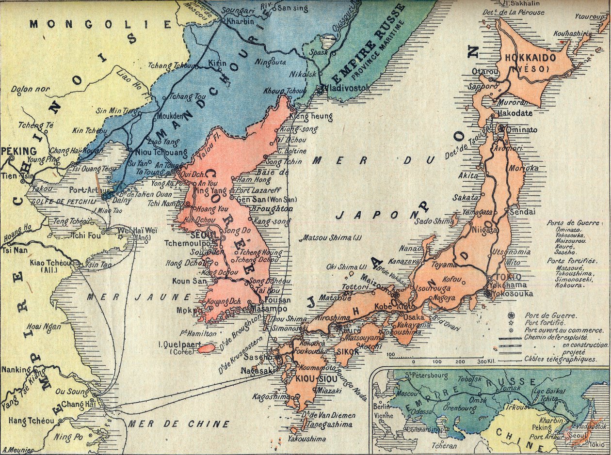 Kart over teateret for den russisk-japanske krigen. Kart over krigsteatret Russo-japansk krig (japansk russekrig) - Illustrasjon for Le petit Journal, 28. februar 1904 av French School