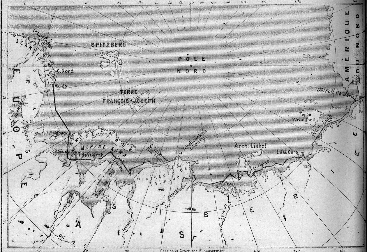 Map of the voyage of the “” Vega”” traced by explorer Nils Adolf Erik (Eric) Baron Nordenskjold (Nordenskiold) (1832-1901). In 1878 Nordenskjold passed from the Atlantic Ocean to the Pacific Ocean along the coast of Siberia. Engraving in “” Le Monde Illust av French School