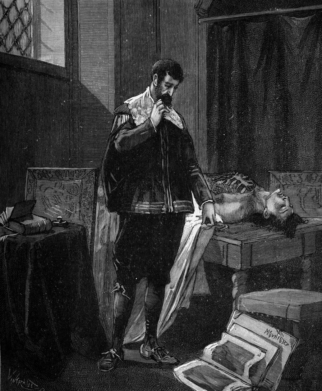 Marcello Malpighi (1628-1694), Italian doctor and anatomist practicing autopsy. av French School