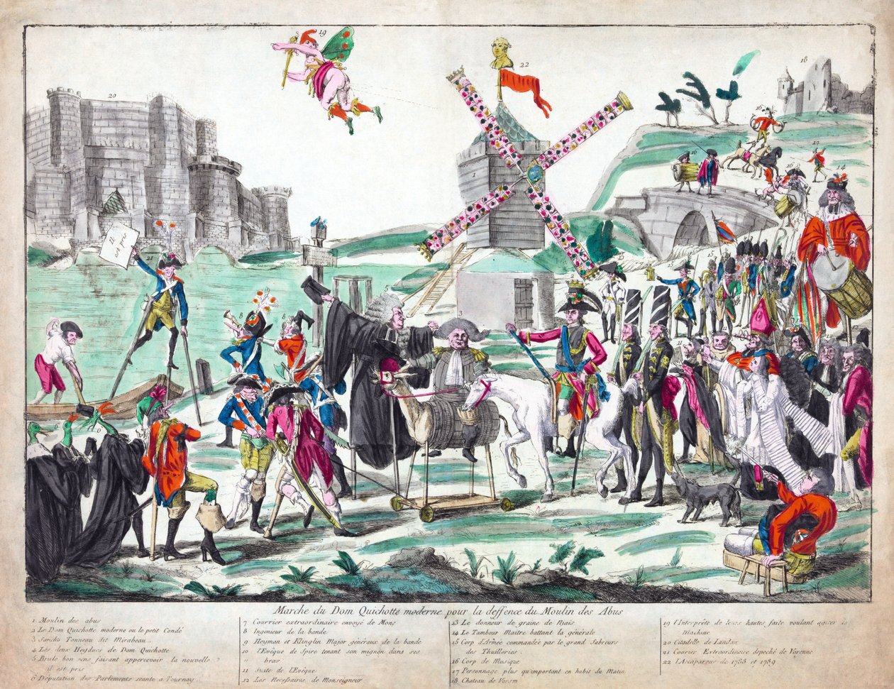 Marche du Don Quichotte Moderne pour la Défense du Moulin des Abus, utgitt 1791 (håndfarget etsning) av French School