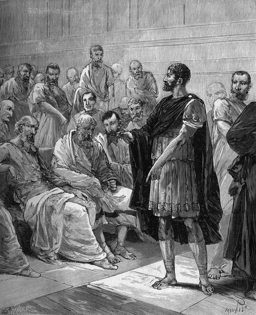 Marcus Atilius Regulus før det romerske senatet - Den romerske konsul Marcus Atilius Regulus (ca. 256 f.Kr.) før det romerske senatet - i "Populær historie om vitenskap, oppfinnelser og oppdagelser fra de første århundrer til i dag" av Bitard Adolphe 1880 av French School