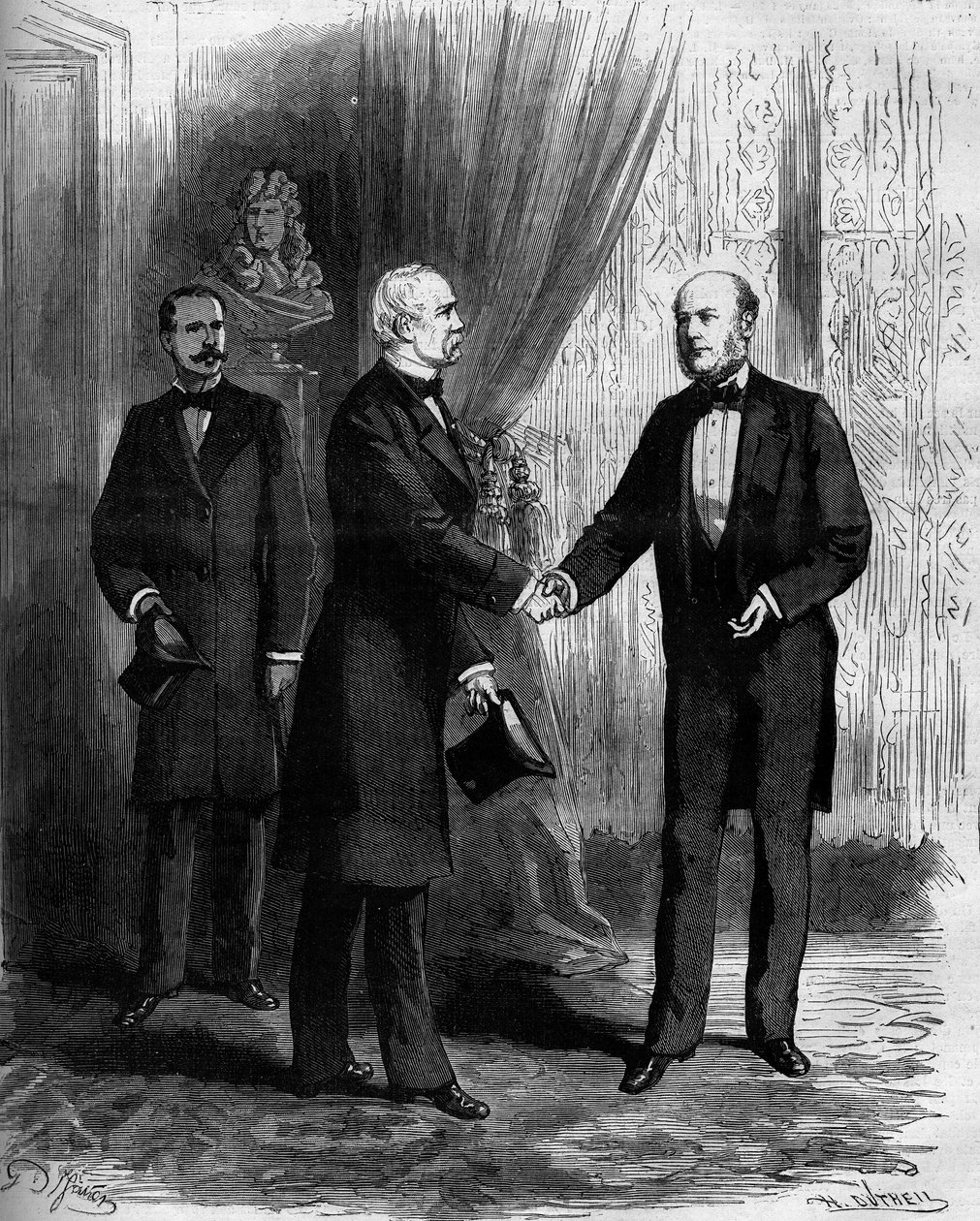 Marechal Patrice de Mac Mahon (Mac-Mahon) (1808-1893) gratulerer sin etterfølger til presidentskapet i Den franske republikk, Jules Grevy (1807-1892). Gravering i "" Le Monde Illustré"" nr. 1141 av 8. februar av French School