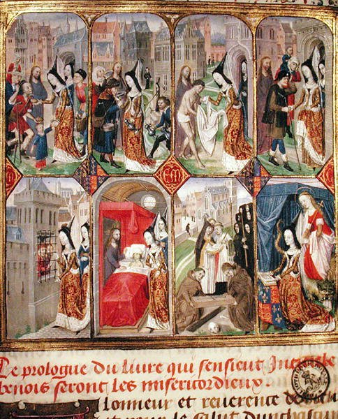 Margaret av York (d.1503) Tredje kone til Karl den dristige (1433-77) hertug av Burgund, utfører veldedighetshandlinger, fra 