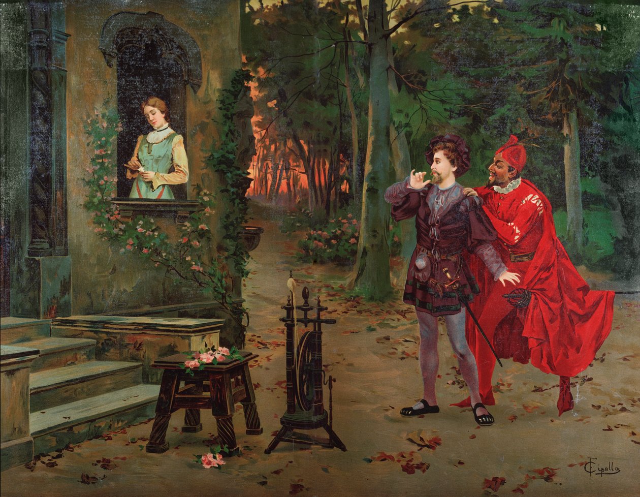 Marguerite, Faust og Mephisto Scene fra Faust av Charles Gounod (1818-1893). rundt 1900. av French School