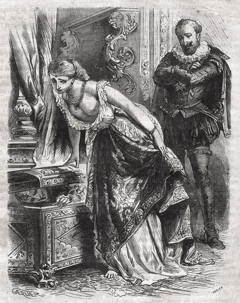 Marguerite de Valois (1553-1615), known as Queen Margot, hides Julien de Leris, her lover, in a safe. Her husband, King Henry IV of France (1553-1610), observes the scene with fun. 16th century. Engraving from 1871 in “Histoire Des Cocuses Celebres”” by He av French School