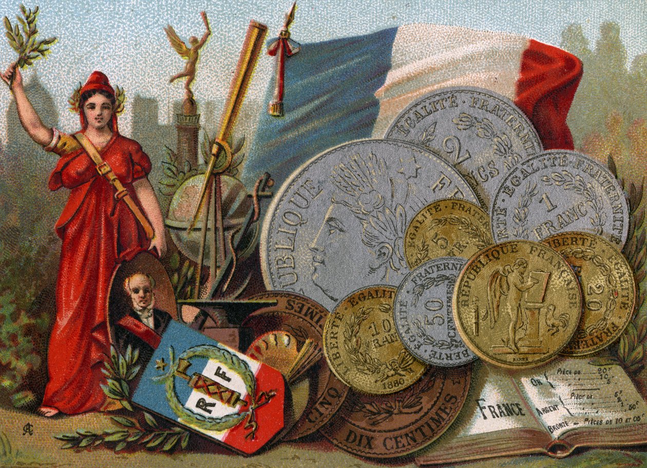 Marianne ved siden av det franske Tricolore-flagget, en globus og teleskop og en visning av franc, ca. 1890 av French School