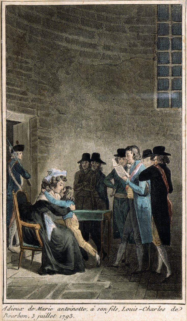 Marie-Antoinette (1755-1793) tar farvel med sønnen Dauphin, Louis-Charles de Bourbon (1785-1795) ved tempelet, 3. juli 1793, (fargegravering laget på tidspunktet for restaureringen av monaen av French School