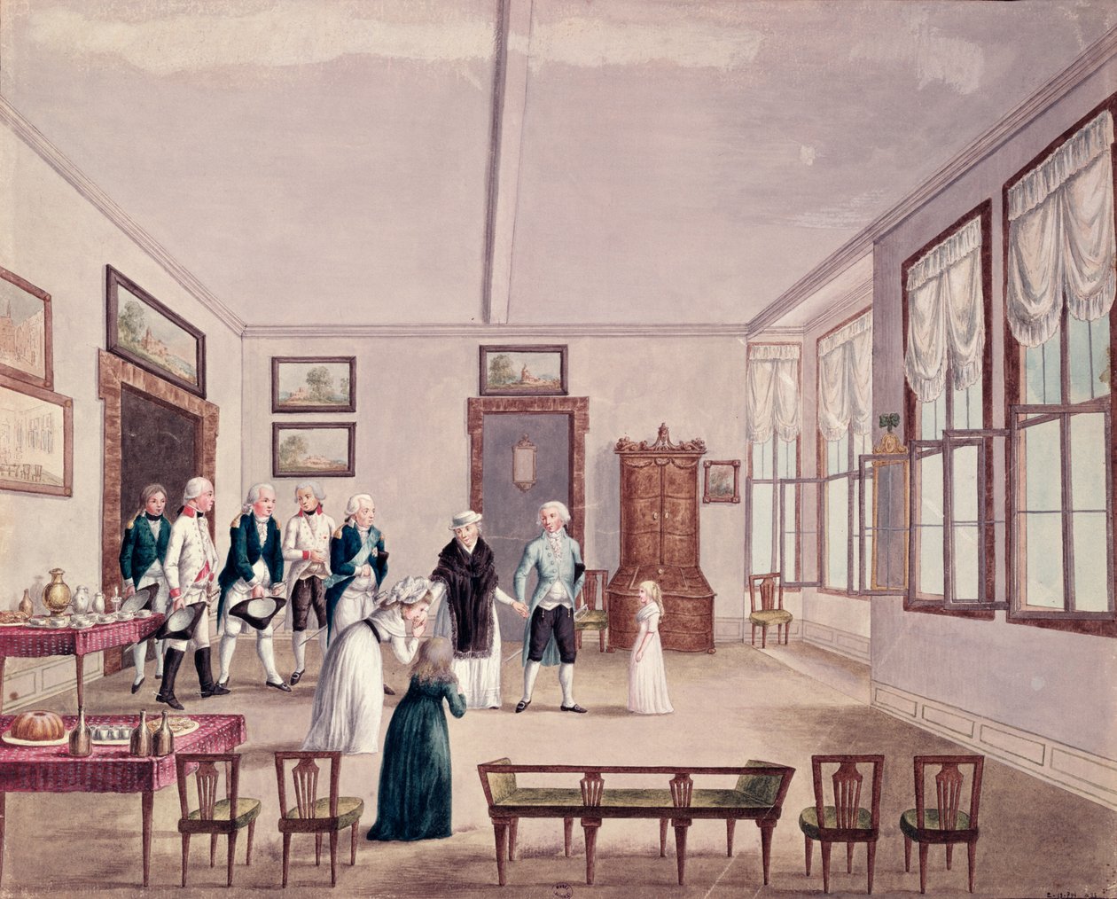 Marie-Therese-Charlotte de Bourbon, Madame Royale, møter sine fettere keiser Frans II av Østerrike og hans kone Maria Teresa i Wien etter hennes løslatelse i 1795 fra fengslingen i Paris, ca. 1796 (wc) av French School