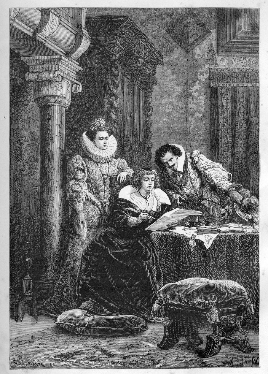 Marie de Medici med sine innflytelsesrike italienske venner og fortrolige Leonora Dori (Dosi) kjent som Galigai (1571-1617) og ektemannen Concino Concini (Conchine) (ca. 1575-1617) - Marie de Medici med sine italienske innflytelsesrike venner og fortrolige av French School