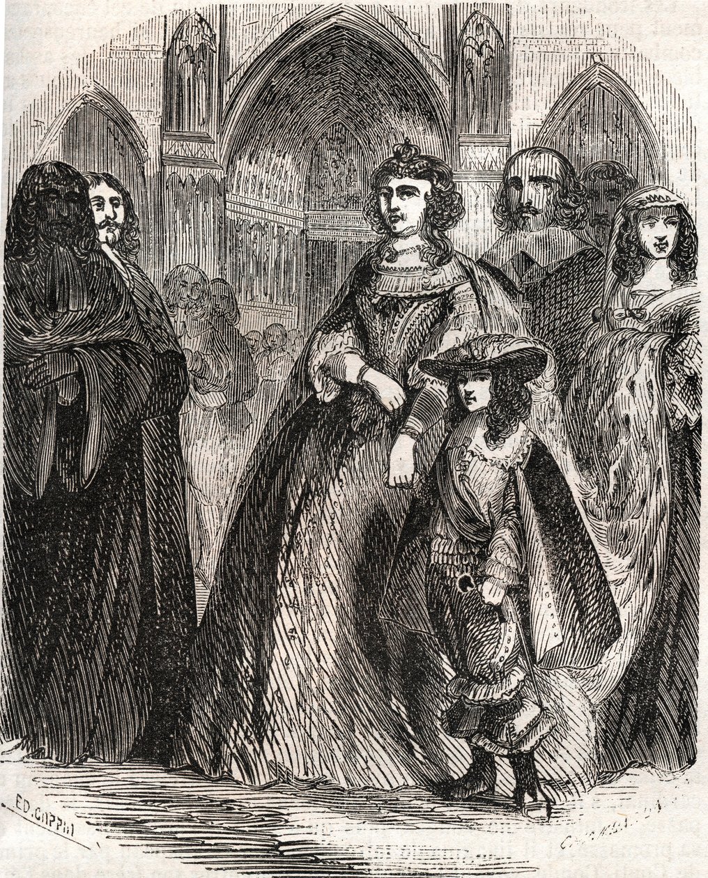 Marie de Medicis (1573-1642), dronning av Frankrike og kongerikets regent med sønnen Louis XIII på vei til Notre-Dame de Paris - i "Histoire de France" av L.-P. Anquetil av French School