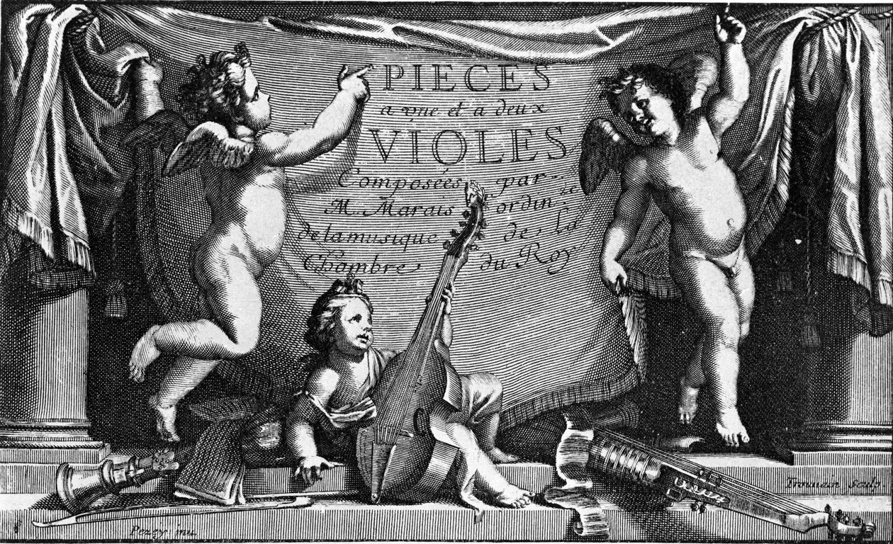 Marin Marais, frontispice av "Pieces a une et feus viololes" av French School