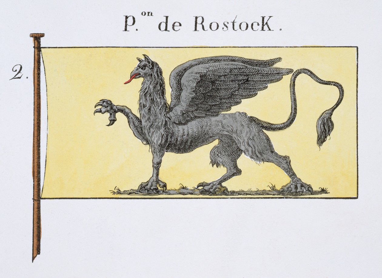 Maritimt flagg med Griffin-emblem som angir de Rostock Crest, fra en fransk bok med flagg, ca. 1819 av French School