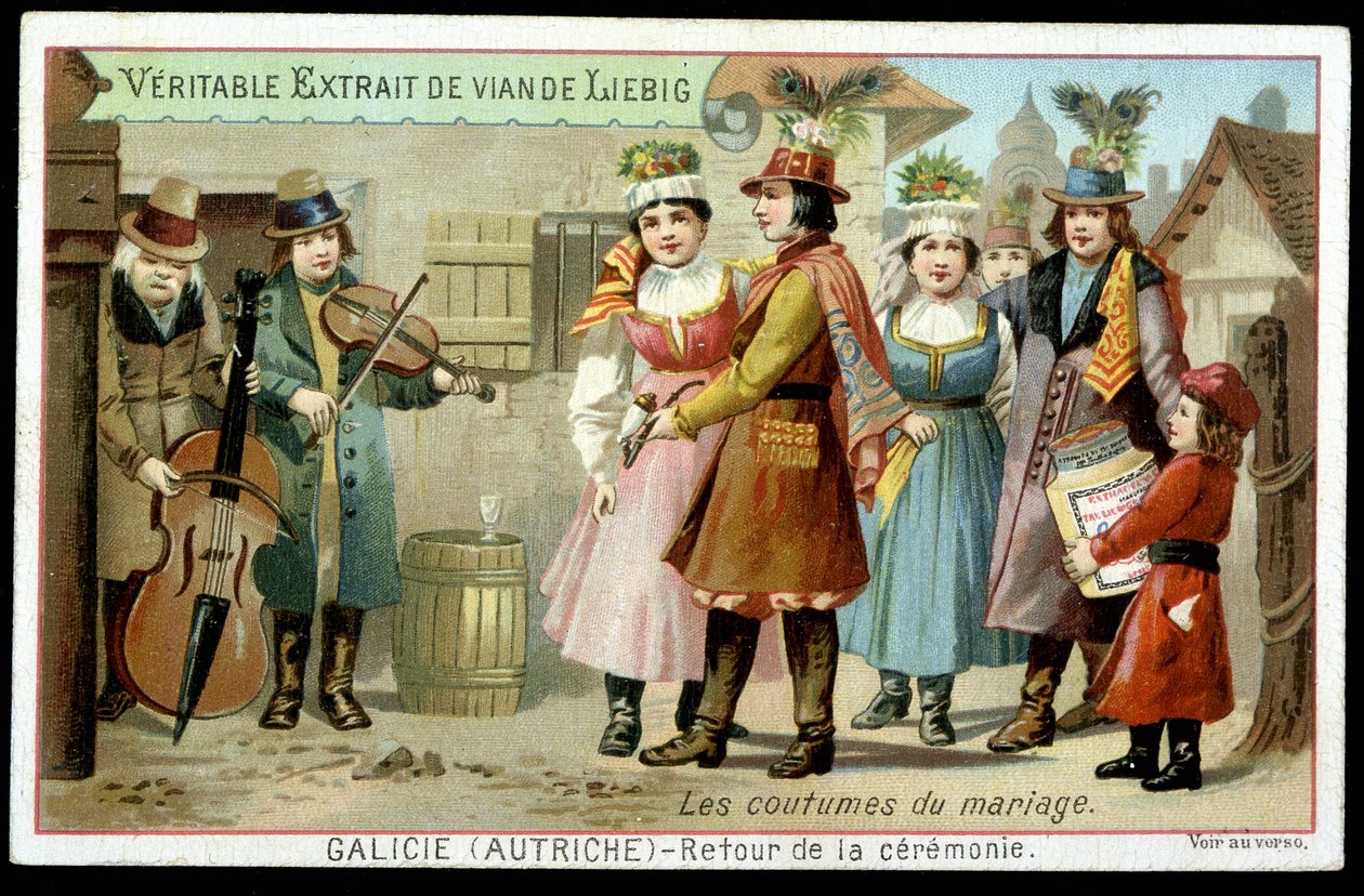 Ekteskapsskikker: retur av seremonien i Galicia, Østerrike - chromo. Liebig, v. 1895 av French School