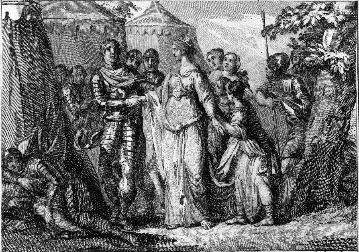Marriage of Childeric I (ca. 436-481 or 482), King of the Salians Francs, with Basin of Thuringia (445-491), in 463. Engraving of the 18th century. av French School