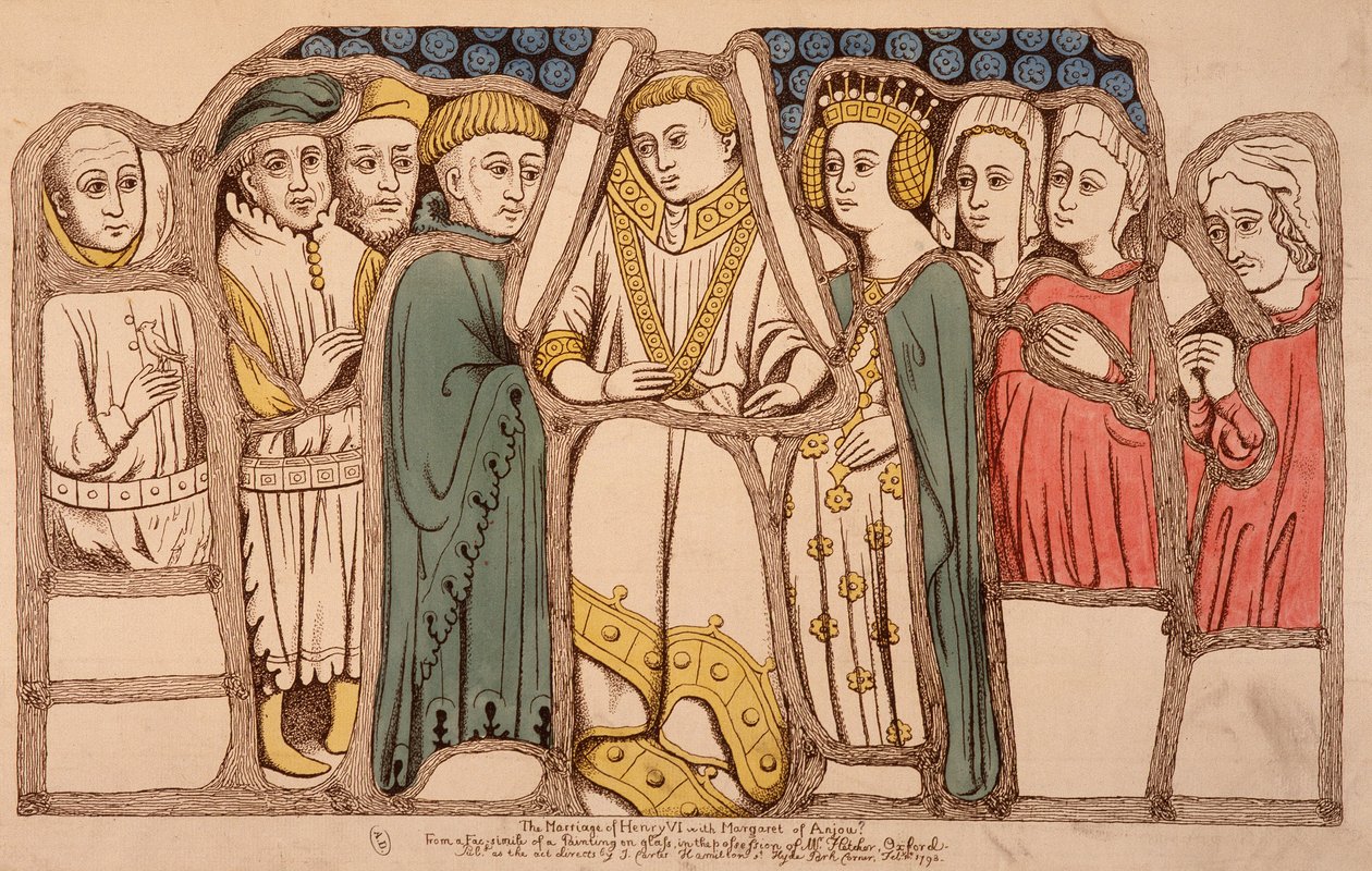 Ekteskap mellom Henrik VI av England (1421 - 1471) og Margarita av Anjou (1429 - 1482) i 1445. Gravering fra 1793. Bibl. av Arts Deco i Paris. av French School