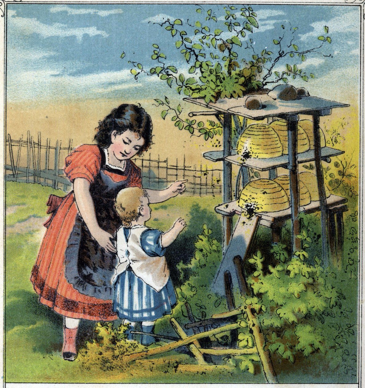Martha viser arbeidet til biene i bikuben til lillesøsteren. Kromolitografi fra "" Scenes enfantines""" utg. Guerin - Muller rundt 1885. av French School