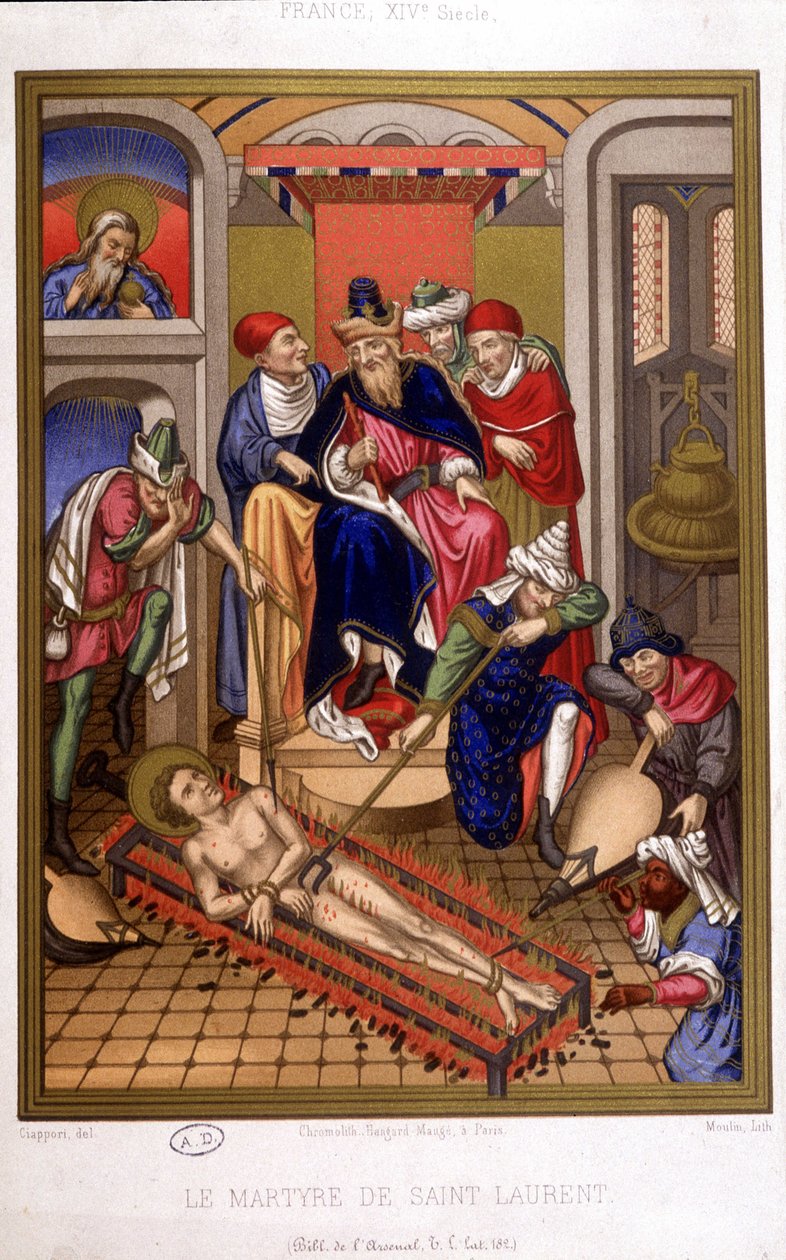 Martyrium of Saint Laurent (grill) etter miniatyr av middelalderen, Frankrike 1300-tallet. av French School