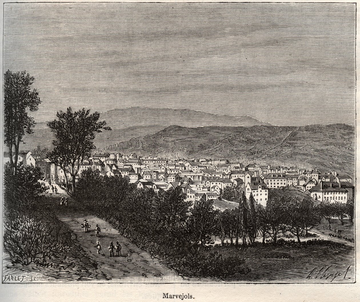 Marvejols - Lozere - Languedoc-Roussillon - gravering i "La France illustrée: geografi, historie, statistisk administrasjon" av V.-A. Malt brun. 1884 av French School