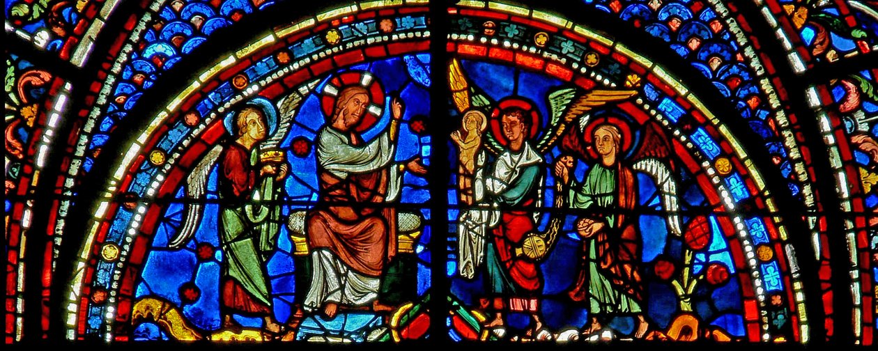 Mary Magdalene-vinduet: Kristus velsigner Maria Magdalenas sjel (w46) av French School