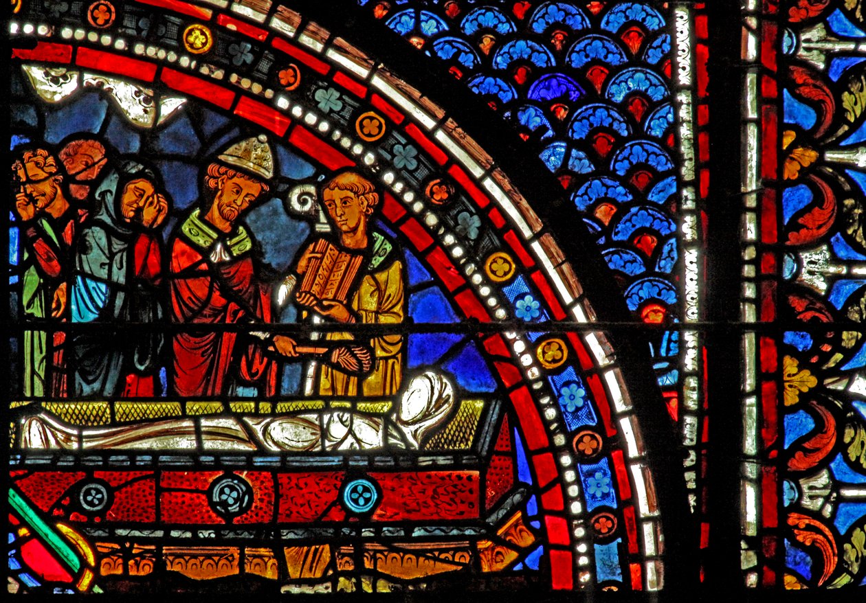Mary Magdalene-vinduet: geistlige ved Lasarus-begravelsen (w46) av French School