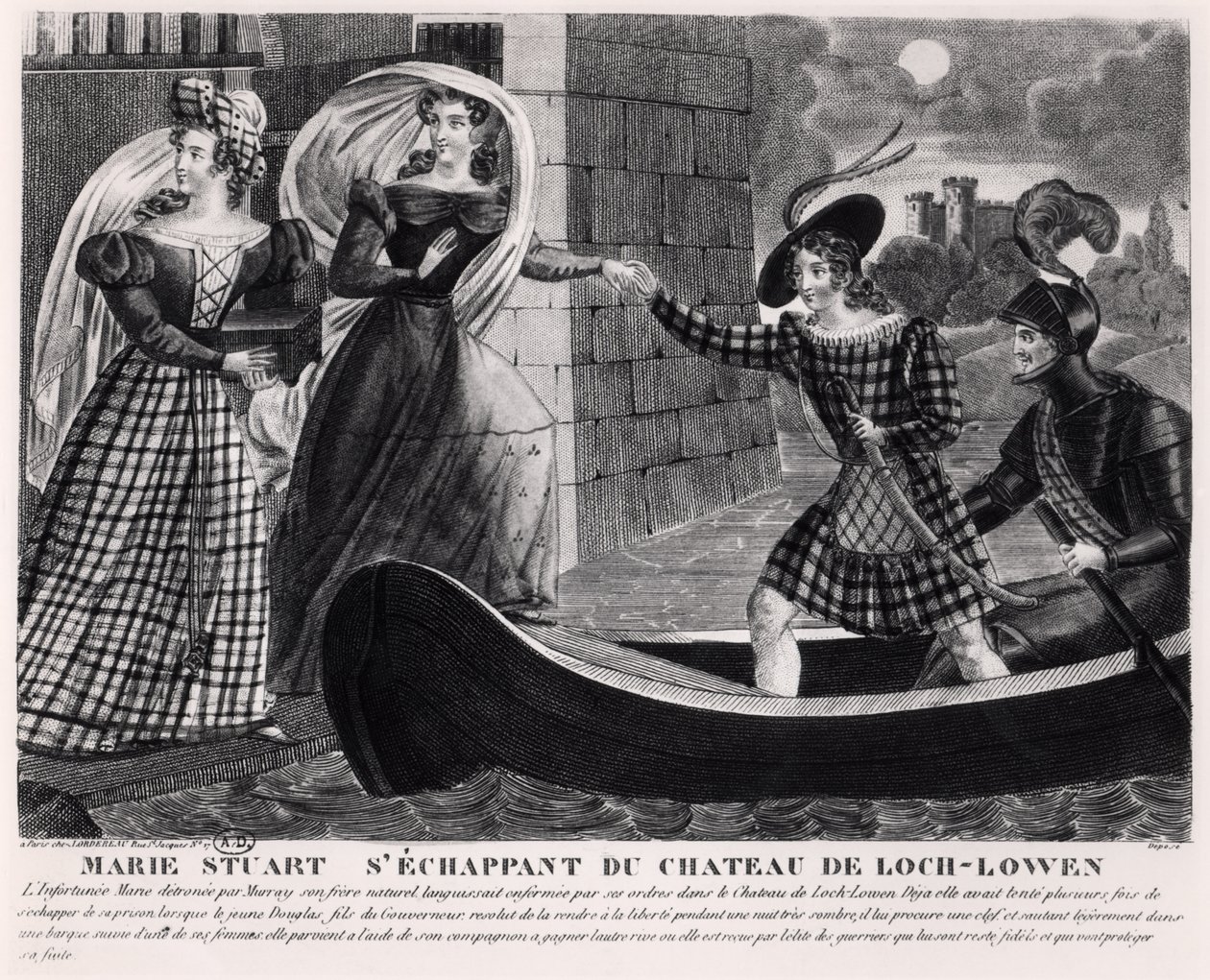 Mary Stuart (1542-87) rømmer fra Loch Leven Castle av French School
