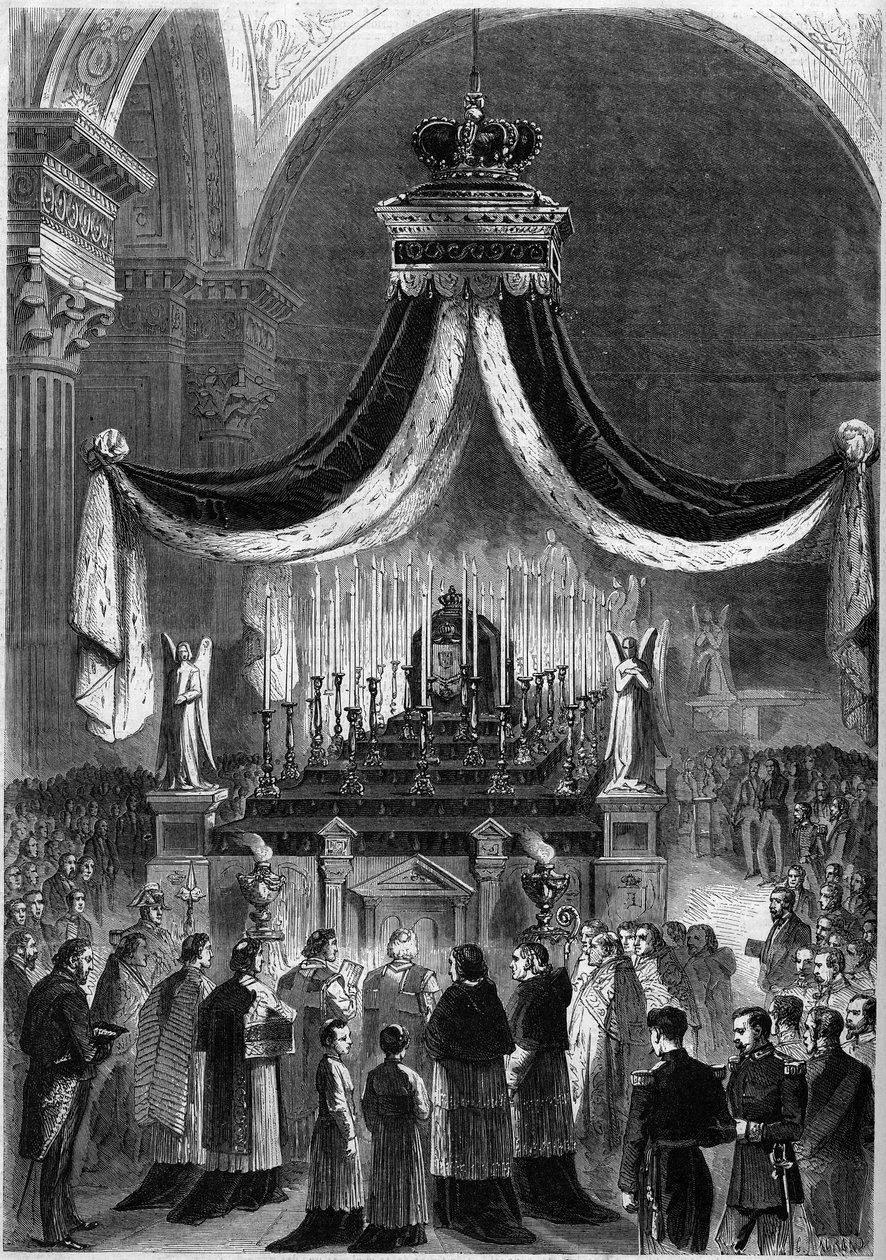 Messe feiret i Madeleine-kirken i Paris, 21. november 1861, til minne om kong Peter V (Pedro V) og hans bror, Fernand (Fernando) av Portugal. Gravering i "" Le Monde Illustré"" nr. 242 av 30. november av French School