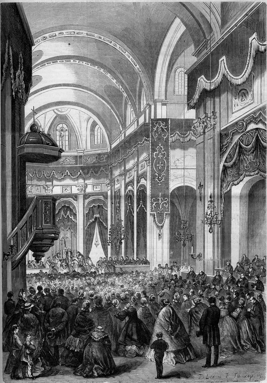 Allehelgensmesse feiret i kirken Saint Nicolas du Chardonnet i Paris, dekorert som Saint Peter av Roma for kanoniseringen av martyrene i Japan. 1862. Gravering i “” Le Monde Illustré”” nr. 291 av 8. november 1862. av French School