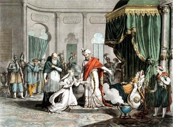 Mathilda ber Saladin om liket av Malek-Adhel, gravert av Pierre Michel Alix (1762-1817) (gravering) av French School