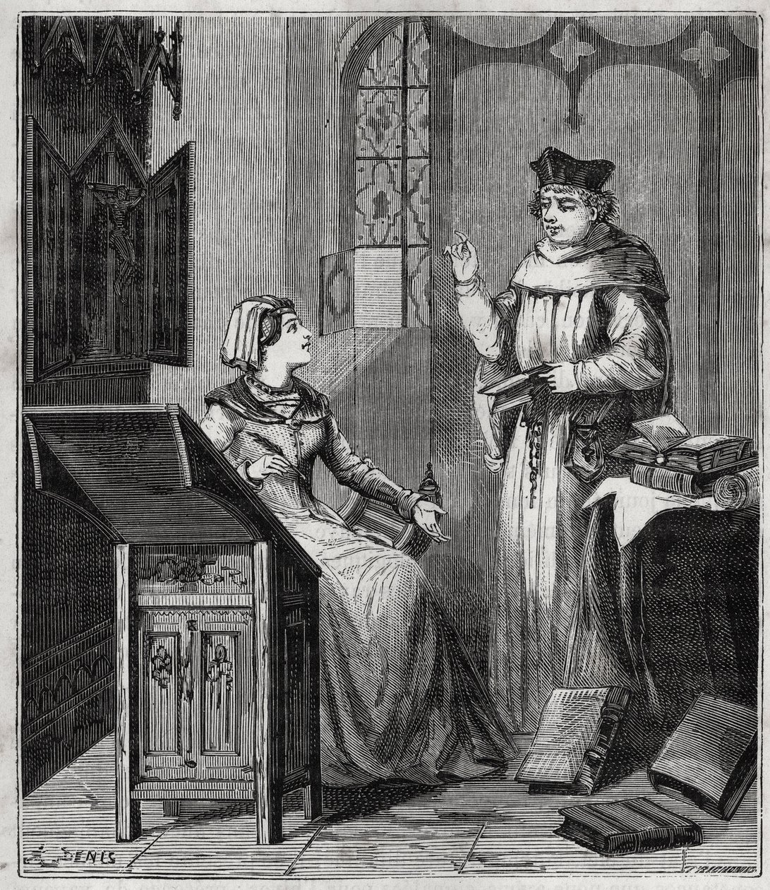 Matthieu Lansbert (Lansberg, Lansbergh, Laensberg eller Laensbergh) (1400-1500-tallet) et sa niese - Gravering i "" Vitenskaper gjort tilgjengelig for alle - fysikk og kjemi"" av Alexis Clerc - Slutten av 1800-tallet - Privat samling av French School