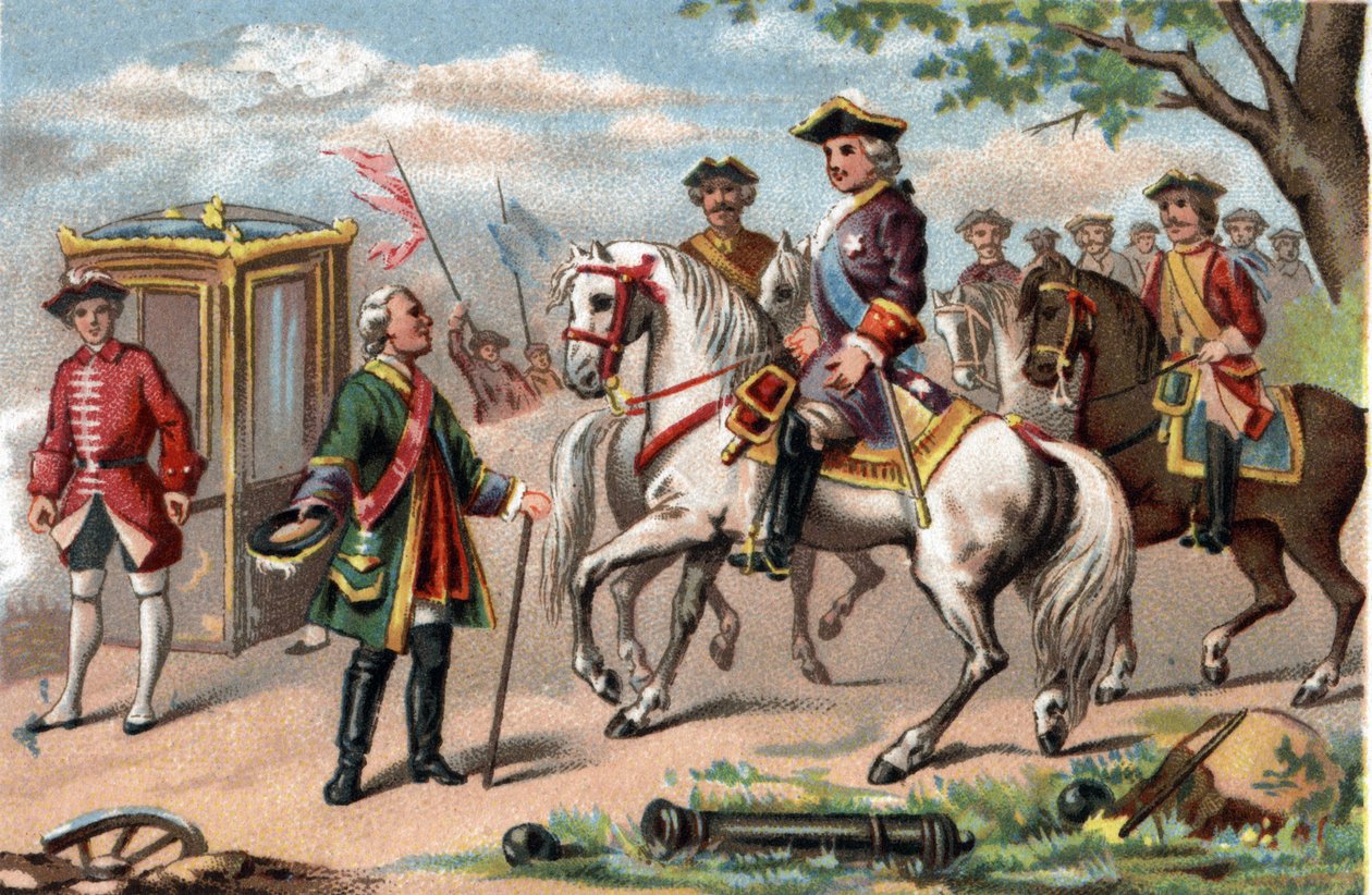 Maurice of Saxony, marechal of Saxony (1696-1750), victorious in the battle of Fontenoy, met Louis XV of France (1710-1774). Chromolithography around 1890. av French School