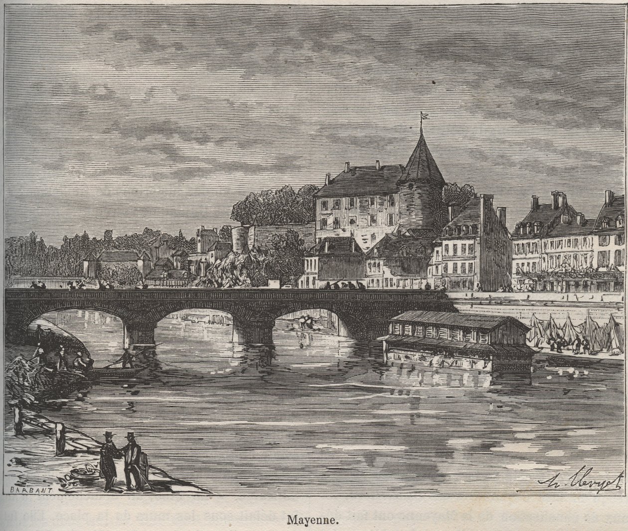 Mayenne er en kommune i Vest-Frankrike i regionen Pays de la Loire - gravering i «La France illustree: geography, history, administration statistique» av V.-A. Malt-brun. 1884 av French School