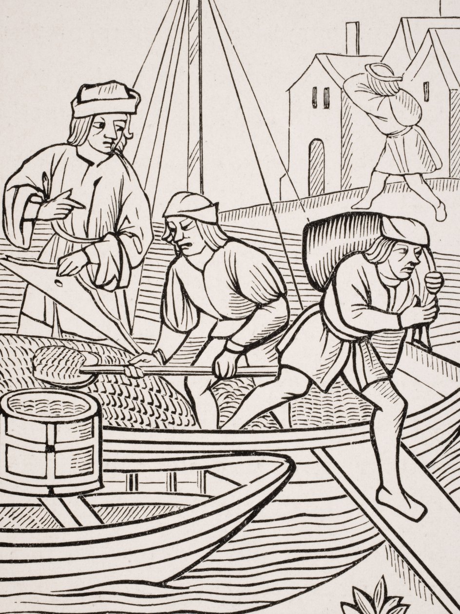 Å måle salt, etter et tresnitt i 'Ordonnances de la Prevoste des Marchands de Paris', 1500, fra 'Le Moyen Age et La Renaissance' av Paul Lacroix (1806-84) utgitt 1847 av French School