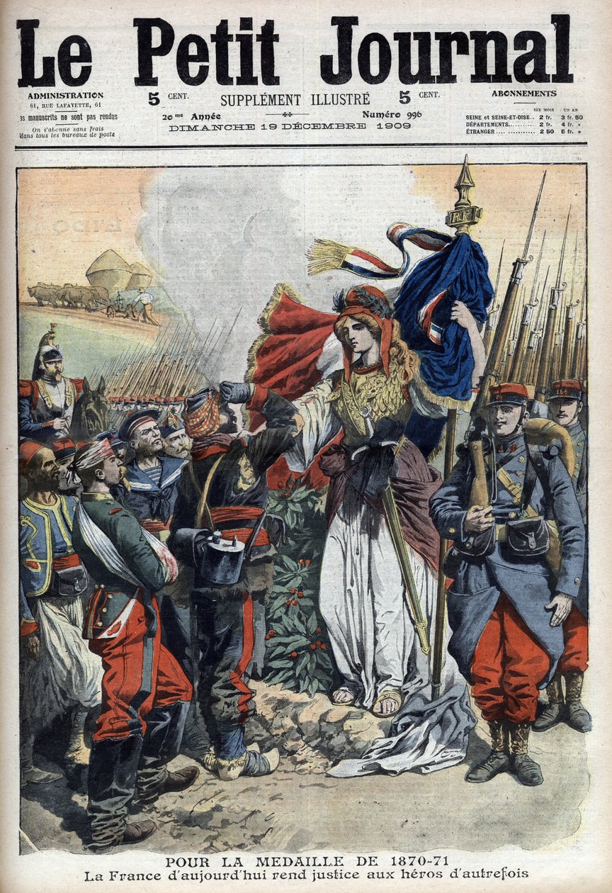 Medalje for veteraner fra krigen 1870-1871: allegori om Frankrike som yter rettferdighet til fortidens helter - "Le Petit Journal" av 19. desember 1909 (gravering) av French School