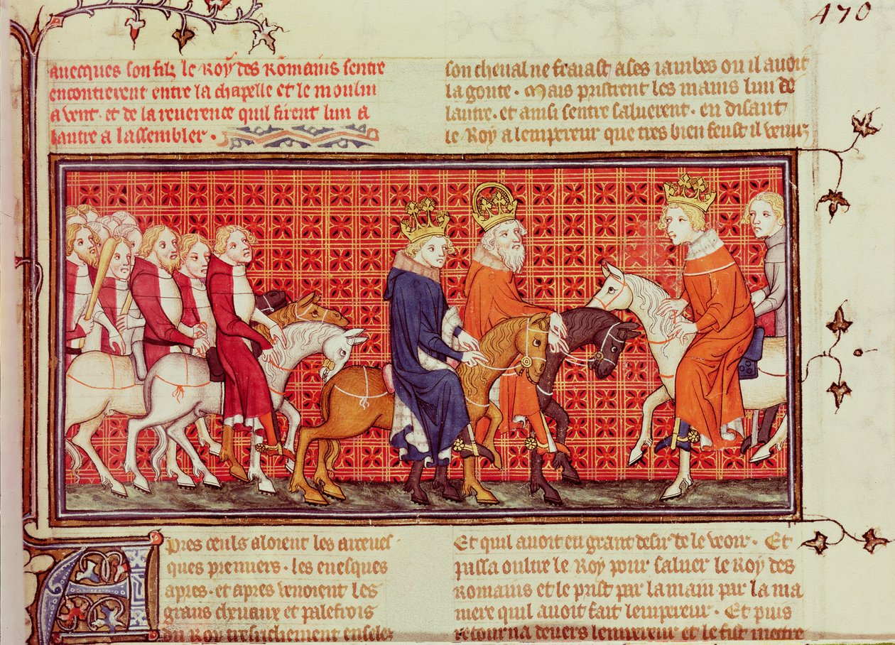 Møte mellom Charles V (1338-80) av Frankrike og den hellige romerske keiser Charles IV (1316-78) Akkompagnert av romernes konge, fra Grandes Chroniques de France av French School
