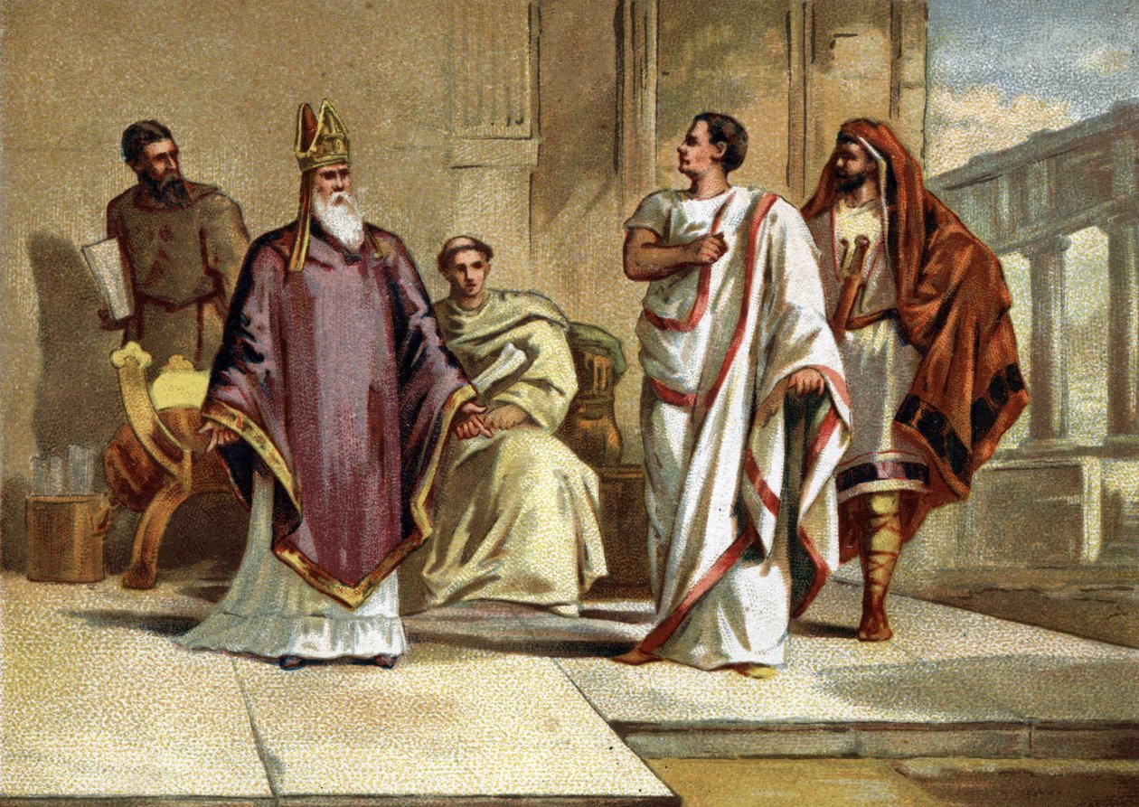 Møte mellom keiser Flavius Julius Valens (328-378) romersk keiser og den hellige Basil av Cesaree eller Basil den store (330-379), eveque og kirkens far. Kromolitografi fra slutten av 1800-tallet av French School
