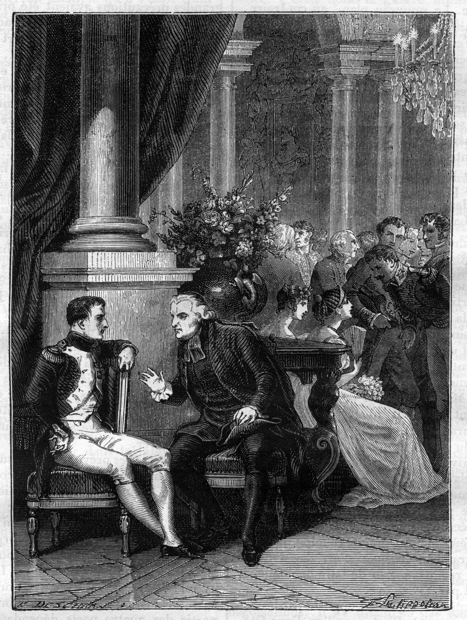 Møte i Genes (Genova) i Italia av Napoleon I med kardinal Jean Siffrein Maury (1746-1817) 1805 - i "History of the empire following the history of the consulat"" av Adolphe Thiers - 1879 - privat samling av French School