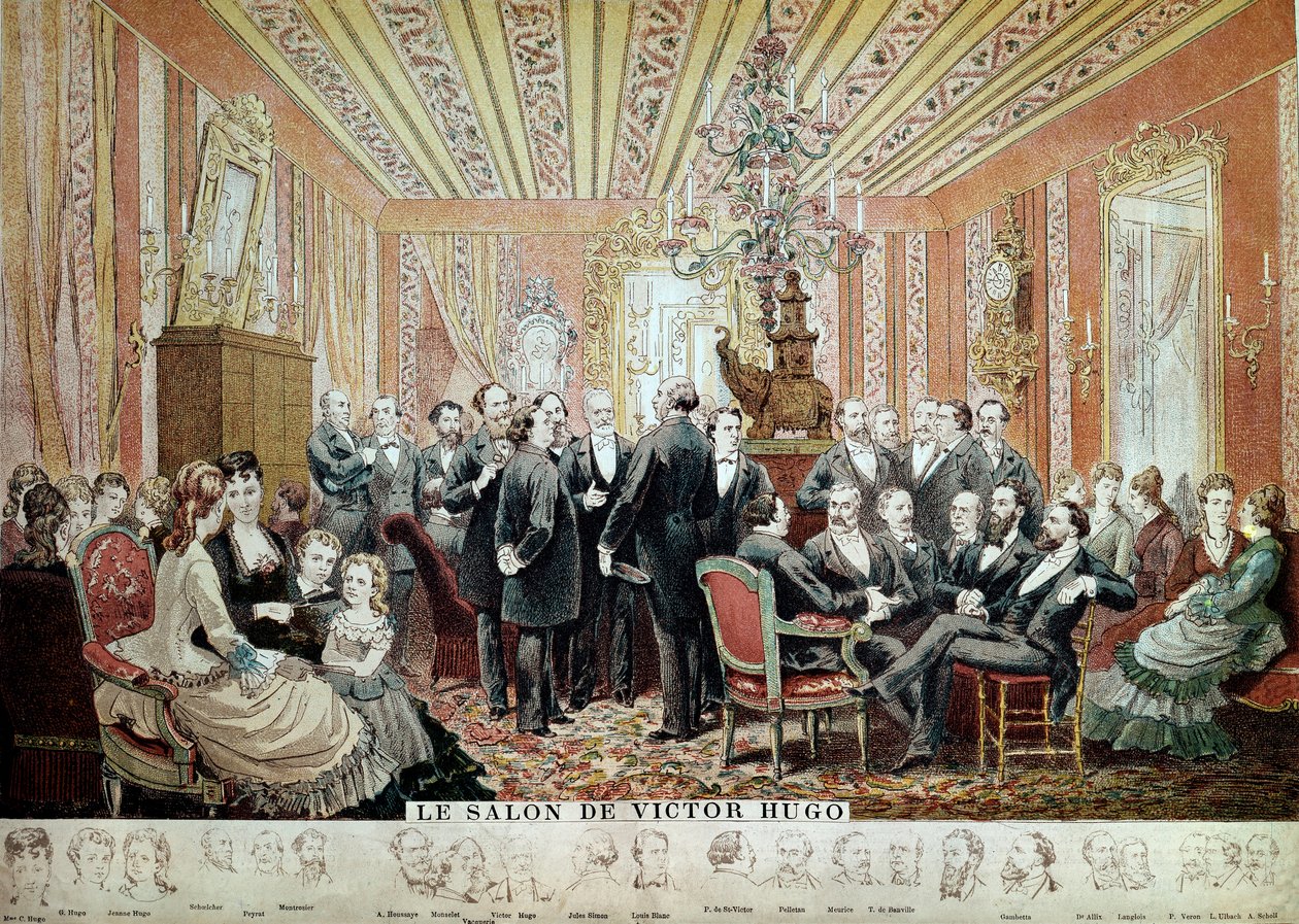 Møte i den litterære salongen i Maison Hugo, Paris, ca. 1875 (gravering) av French School